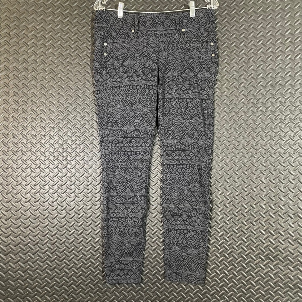 Athleta Black Gray Aztec‎ Print Skinny Pull On Pants Stretch Women's Size Large